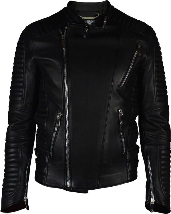 Philipp Plein Asymmetrical Black Leather Biker Jacket