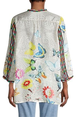 Johnny Was Kendra Printed Applique Silk Blouse