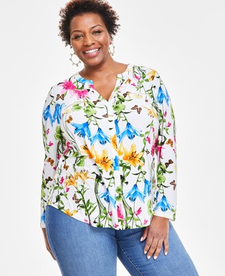 INC International Concepts Plus Size Floral-Print Zip-Pocket Top, Created  for Macy's - ShopStyle