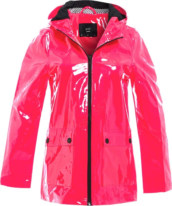 SS7 Womens Rain Mac Waterproof Vinyl Patent Raincoat Jacket Neon Pink ...