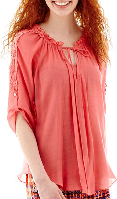 JCPenney BY AND BY by&by Elbow-Sleeve Crochet-Panel Crepe Peasant Top