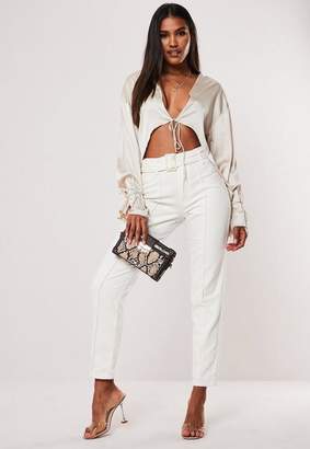 Missguided Petite White High Waisted Belted Front Seam Jeans