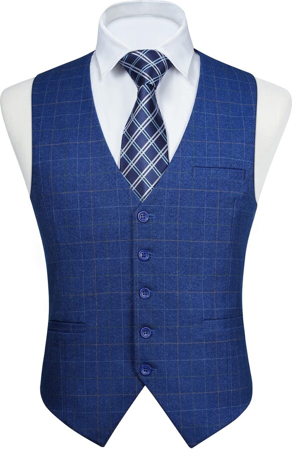 FAIMO Blue Waistcoat Mens Formal Plaid Waistcoat Classic Check Waistcoats for Men with pockets