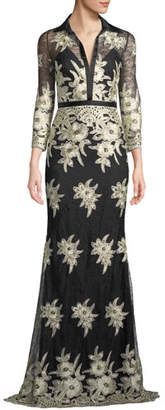 Badgley Mischka Collared Floral Lace Shirt Dress