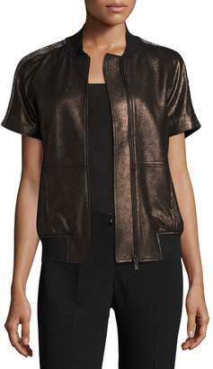 Neiman Marcus Leather Collection Short-Sleeve Chain-Trimmed Leather Bomber Jacket