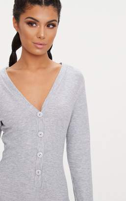 PrettyLittleThing Grey Marl Ribbed Button Detail PJ Romper