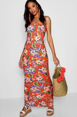 boohoo Tall Tropical Print Bandeau Jersey Maxi Dress