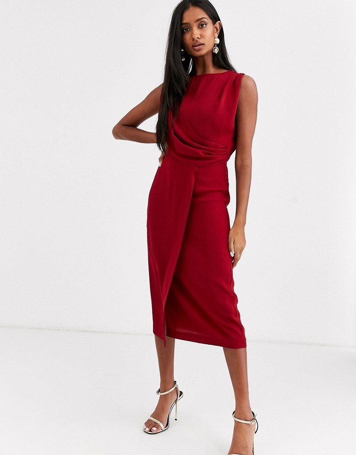 burgundy wrap midi dress