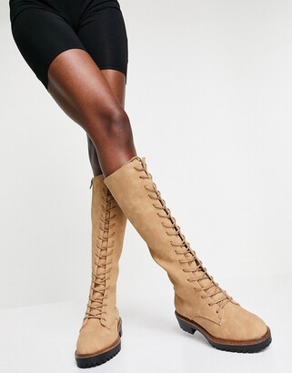 ASOS DESIGN Courtney chunky lace up knee high boot in sand - ShopStyle