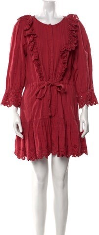 La Vie Rebecca Taylor Scoop Neck Mini Dress La Vie Rebecca Taylor A-Line Dress Red Eyelet & Ruffle Accents Three-Quarter Sleeve with Scoop Neck Button Closure at Front