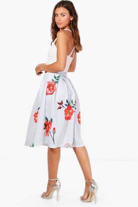 boohoo Petite Amy Striped Floral Pleat Midi Skirt