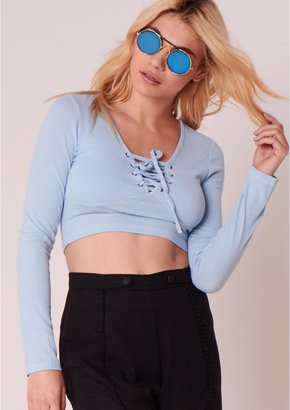 Missy Empire Laura Blue Long Sleeve Lace Up Crop Top