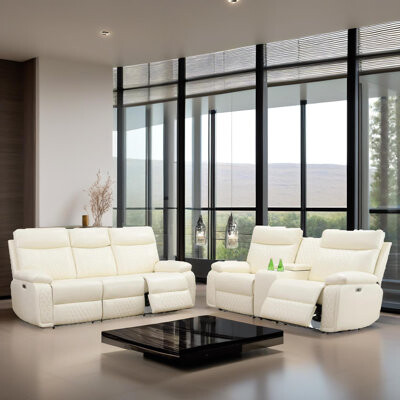 Latitude Run Victoria White Vegan Leather 2-Pieces Reclining Sectioanal Living Room Sofa Set With Cup-Holders Wireless Charging And LED Lights