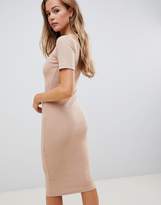 Thumbnail for your product : Missguided exclusive ribbed short sleeve v neck midi dress in beige