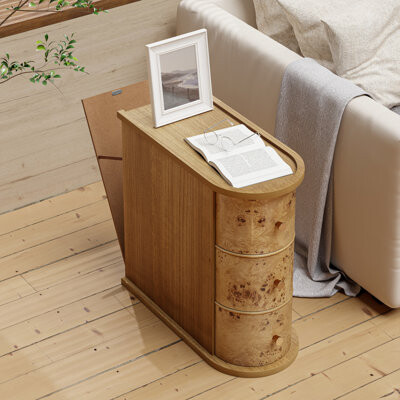 Millwood Pines Farmhouse Burl Finish 3-Drawer Wood End Table With Back Storage Space