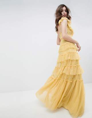 Needle & Thread layered maxi dress with ruffle neck detail in sunflower
