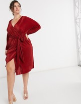 Thumbnail for your product : ASOS Curve DESIGN Curve exclusive plisse batwing wrap midi dress with self tie belt in rust