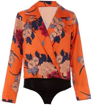 Quiz Orange Satin Floral Long Sleeve Bodysuit