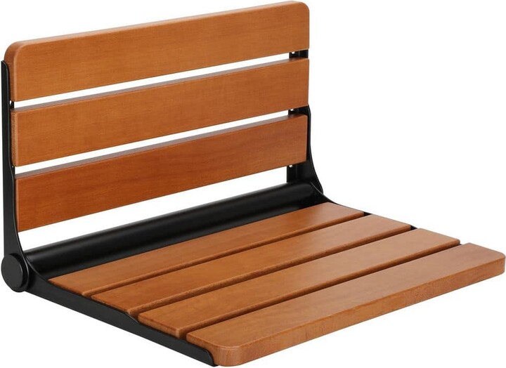 Numhew 18 in. Wall Mounted Folding Teak Shower Seat in Black and Brown, Fold Down Shower Bench, Teak Wood Stool
