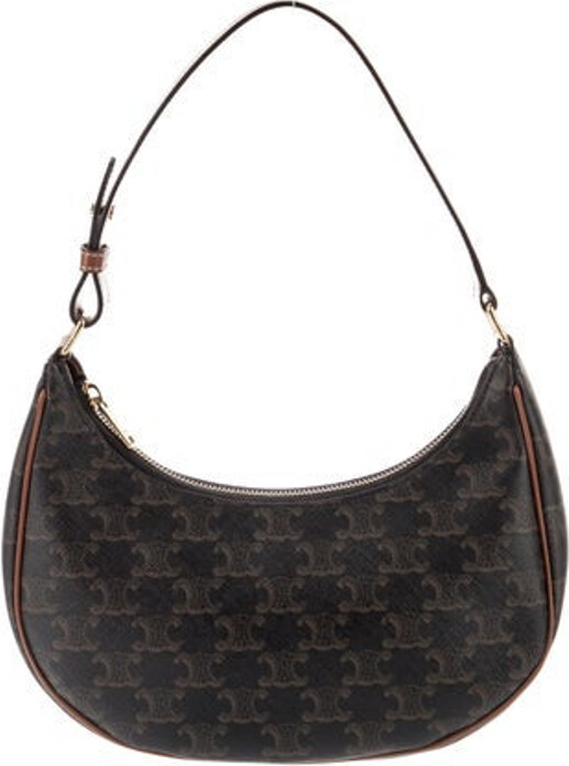 Celine Hobo From the 2021 Collection Brown Printed Triomphe Gold-Tone Hardware Leather Trim Flat Handle & Single Adjustable Shoulder Strap Leather Trim Embellishment Canvas Lining & Single Interior Pocket Zip Closure at Top Includes Dust Bag