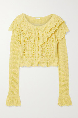 LoveShackFancy Seraphine Cropped Ruffled Crocheted Cotton Cardigan - Yellow