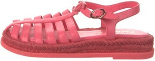 Chanel Leather Gladiator Sandals From the Cruise 2024 Collection by Virginie Viard Pink Interlocking CC Logo Cutout Accent & Raffia Trim Platform Straps & Buckle Closure at Ankles Designer