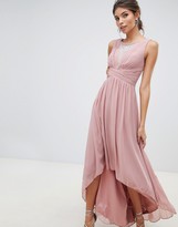 Thumbnail for your product : Little Mistress empire detail dipped hem maxi dress with sheer embellished neckline