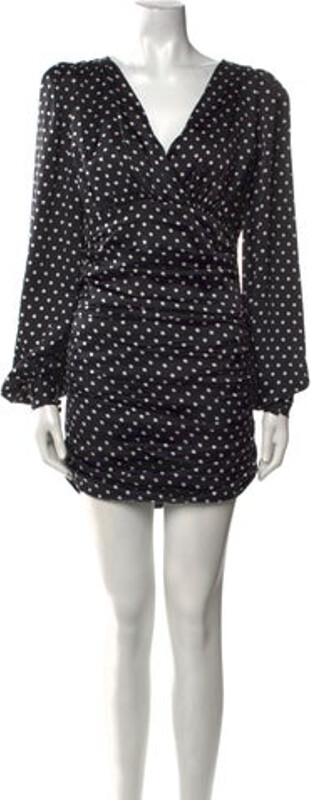 Ronny Kobo Dress Black Polka Dot Print Pleated Accents Long Sleeve with V-Neck Concealed Zip Closure at Side Designer
