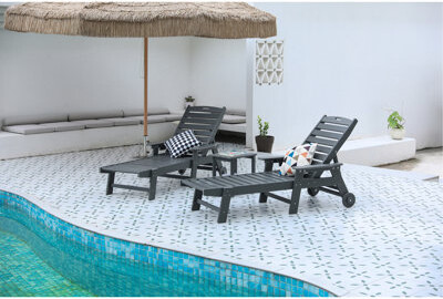 Red Barrel Studio Lounge Chair With Side Table, 3-Piece Oversized Chaise Lounge Chair Set With Wood Texture, All Weather Patio Lounge Chair With 5 Positions, Wheels & C