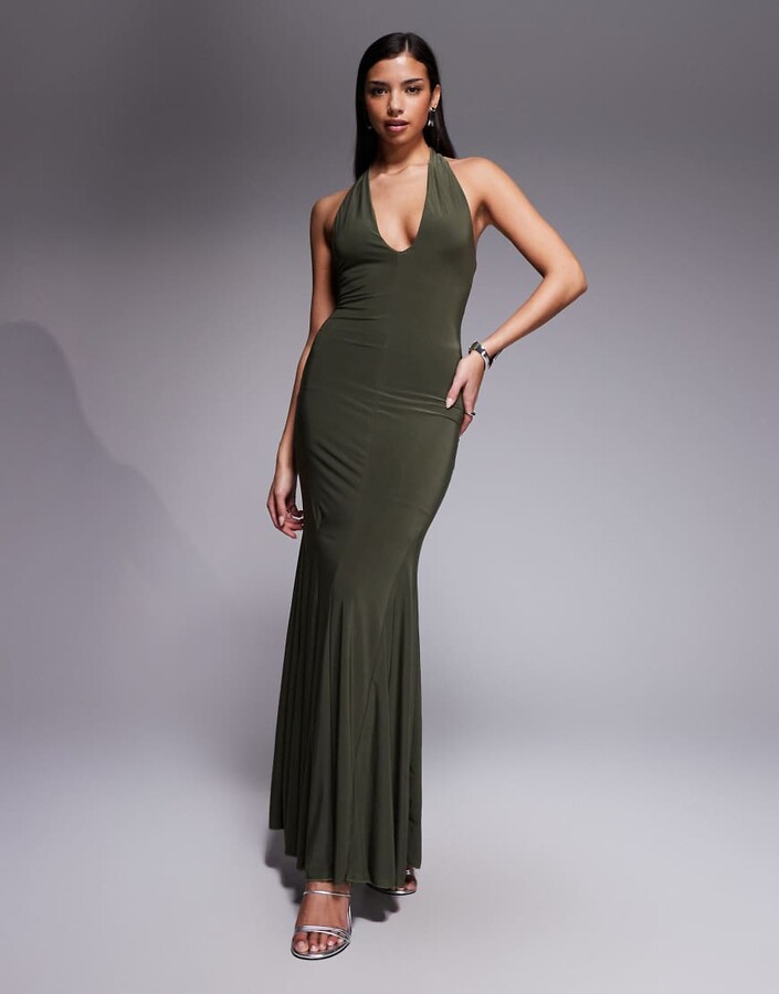 Fashionkilla exclusive double sculpted slinky plunge halterneck godet hem maxi dress in khaki green