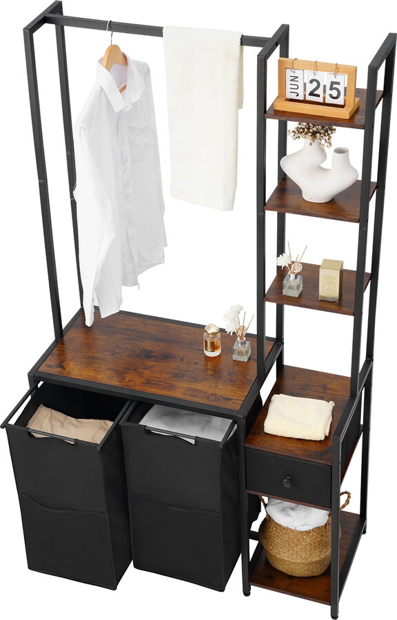 KFFKFF 3-Tier Laundry Organizer with Rack, Tall Hamper Featuring Shelves and Drawers, Freestanding Storage Unit with Durable 600D Oxford Cloth Bags and Ladder Shelves for Sorting Dirty Clothes