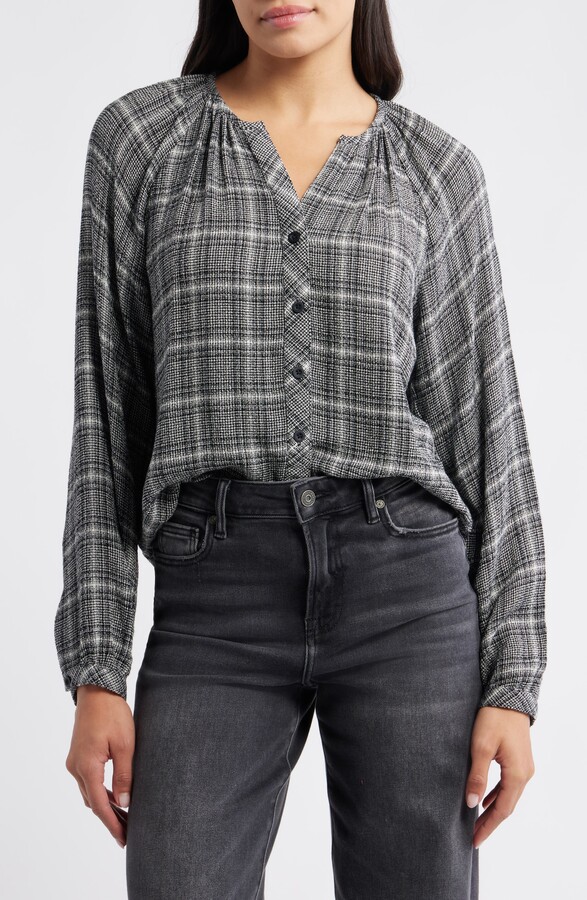 Cloth & Stone Plaid Raglan Sleeve Button-Up Shirt