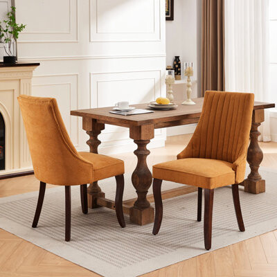 Latitude Run Dining Chairs Of 2, Yellow Rayon Cloth Linen, High Back Support, Curved Solid Wood Legs, American Style Comfortable Cushion, Yellow,