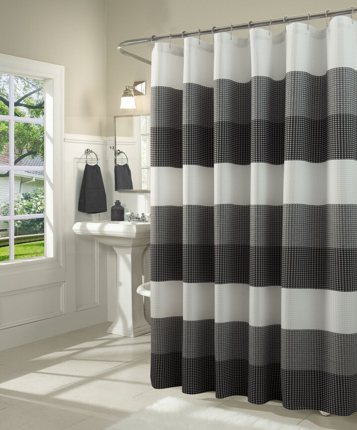 Dainty Home Waffle Weave Ombre Stripe Fabric Shower Curtain, 70" x 72" In Black