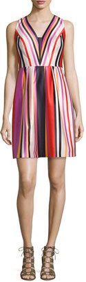 Phoebe Couture Printed Striped V-Neck Satin Dress, Red Multi