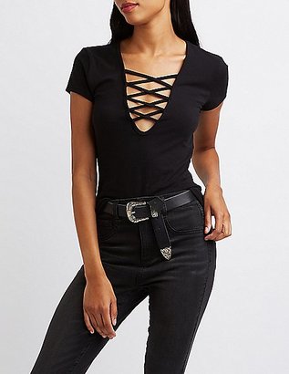 Charlotte Russe Plunging Lace-Up Tank Top