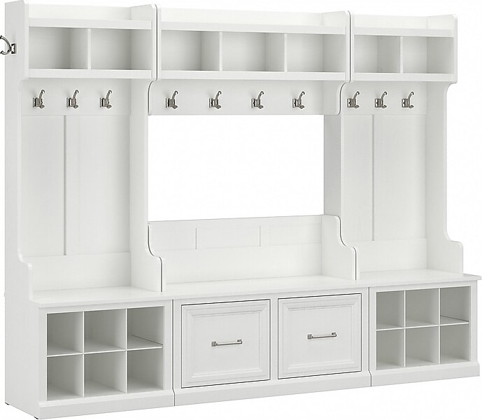Bush Furniture Woodland Full Entryway Storage Set with Coat Rack and Shoe Bench with Doors, White Ash (WDL013WAS)
