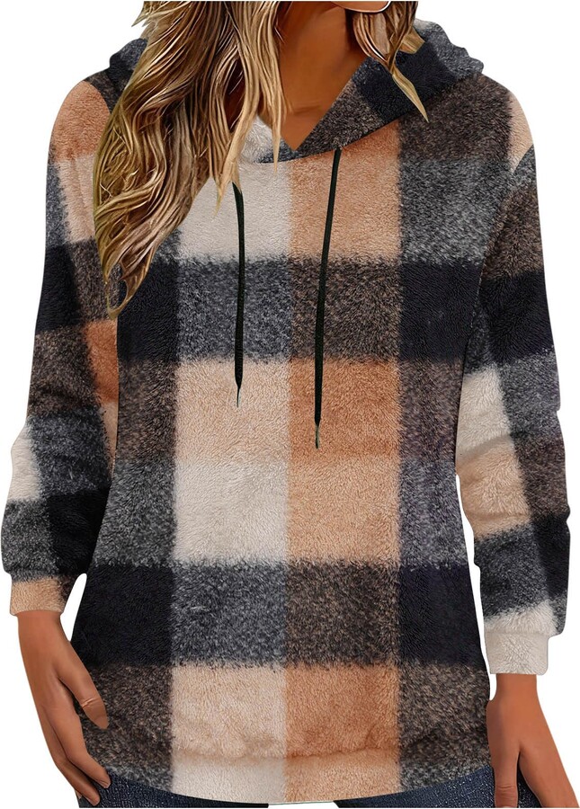 HGps8w Women's 2025 Winter Plaid Fuzzy Hoodies Pullover Cozy Oversized Sweatshirt Fleece Soft Loose Tunic Tops