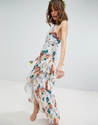 ASOS DESIGN ruffle hem pinny bodice maxi dress in pretty floral print