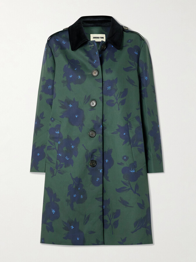 SHUSHU/TONG Velvet-trimmed Floral-print Woven Trench Coat - Green