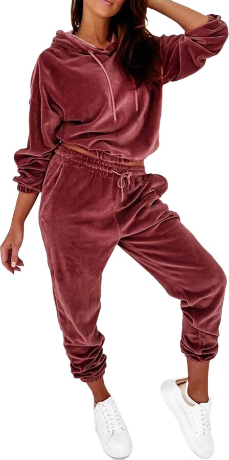 Pink Wind Women's Velvet Sweatsuit Set Long Sleeve Hooded Sweatshirt Jogger  Pants 2 Piece Tracksuits Outfits Red S - ShopStyle