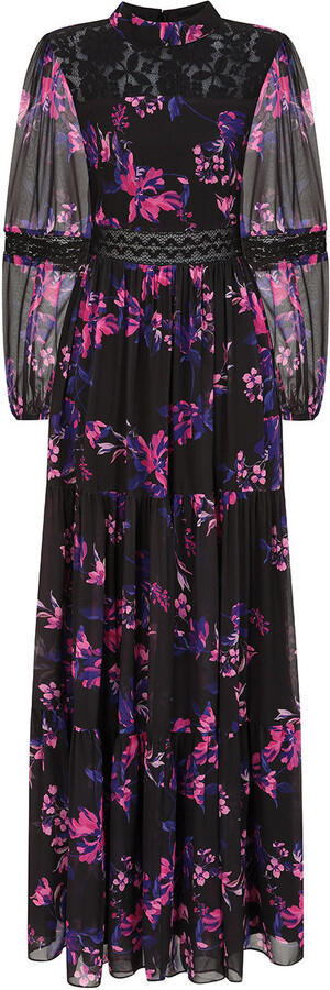 Frock and Frill Talvi Black Floral Print Maxi Dress With Lace Panels