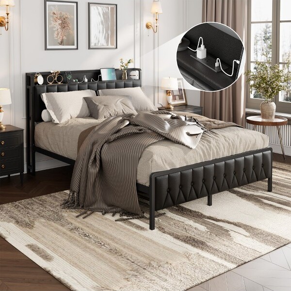 CuisinSmart BedFramewithPUFauxLeather,MetalPlatformBedFramewithStorage,SoftHeadboardwithChargingStation,Noise-Free,NoBoxSpringNeeded