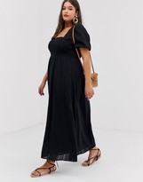 Thumbnail for your product : ASOS Curve ASOS DESIGN Curve shirred bustier maxi dress with puff sleeve in seersucker