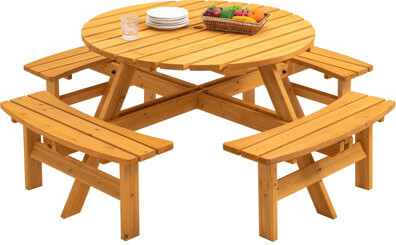 8 Person Wooden Picnic Table, Outdoor Camping Dining Table With Seat, Garden, Diy With 4 Built-In Benches, 2220Lb Capacity
