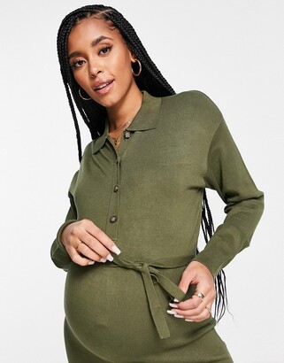 Mama Licious Mamalicious Maternity nursing knitted midi shirt dress with  tie waist in khaki - ShopStyle