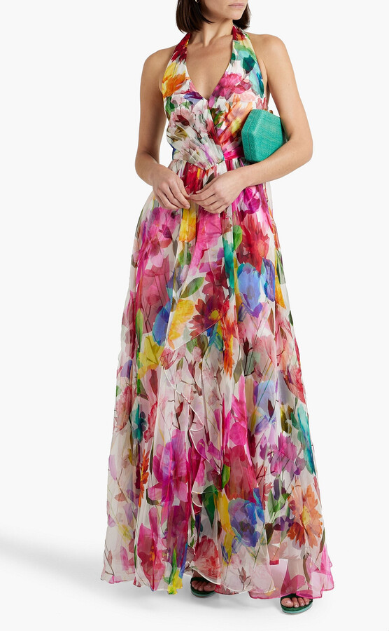 Badgley Mischka Floral-print silk-organza halterneck gown - ShopStyle