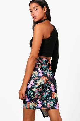 boohoo Floral Rouched Wrap Mini Skirt