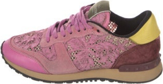 Valentino Suede Low Top Sneakers Pink Tweed Pattern Rockstud Accents Leather, Rubber & Suede Trim Round-Toes with Lace Trim Embellishment Lace-Up Closure at Uppers