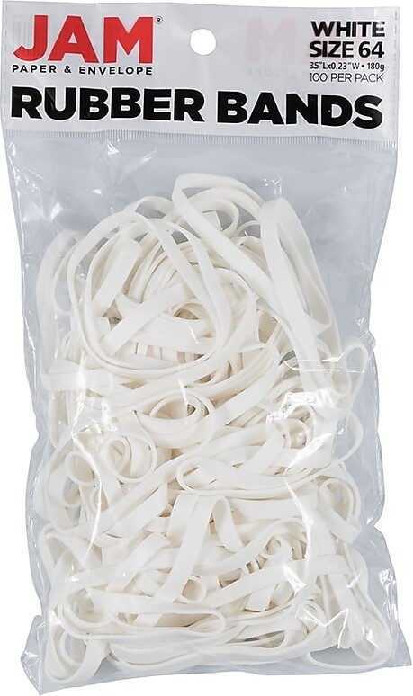 JAM Paper Colored Multi-Purpose #64 Rubber Bands, 3.5" x 0.25", Non-Latex, White, 100/Pack (33364RBWH)